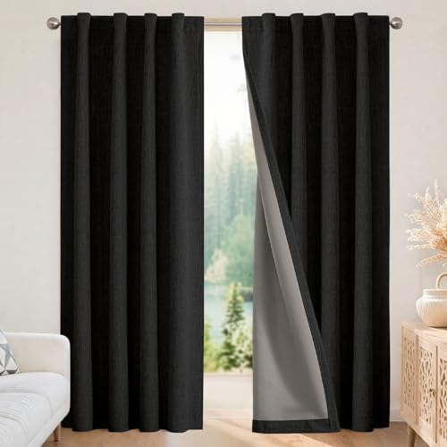 Joydeco Blackout Curtains for Bedroom - 96 Inch Long 100% Light Blocking 2 Panels Set Black Drapes, Thermal Insulated Room Darkening Curtains, Linen Textured for Living Room, Rod Pocket & Ba