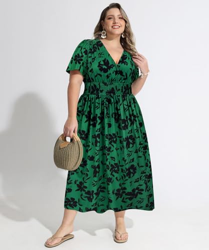 CARCOS Plus Size Dresses for Curvy Women V Neck Summer Maxi Dress Short Sleeve Floral Boho Dress Smocked Waist Beach Dress2