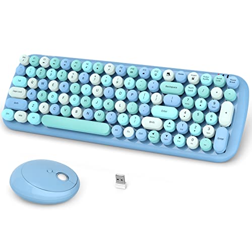 Promo 40% OFF Wireless Keyboard and Mouse Combo, MOFii Blue Colorful Retro Typewriter Keyboard, 2.4G Cute Round Key Wireless Keyboard Mouse Set for PC Laptop MAC Computer