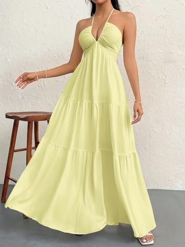 Image of Narecte Women's Maxi Summer Dresses Halter V Neck Beach Dresses for Women A-Line Casual Dress for Vacation