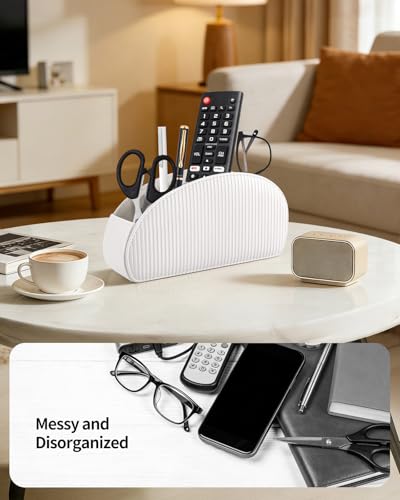 Image of SITHON Remote Control Holder with 5 Compartments - PU Leather Remote Caddy Desktop Organizer Store TV, DVD, Blu-Ray, Media Player, Heater Controllers, Stripe Pearl White