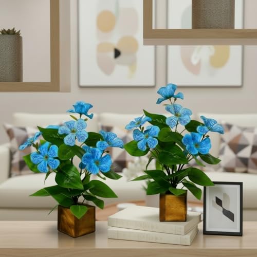 Image of fancymart Artificial Flower Plant Set of 2 with Wooden Pot - 23 cm Height | Real-Touch Faux Floral Decor for Home, Office, Living Room, Bedroom, Desk & Gift Purpose