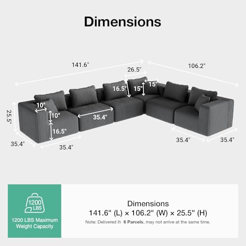 Image of Novilla 141 inch Modular Sectional Sofa, L Shape Plush Sectional Couch, Modern Cloud Design with Smarts Coil Support, Boneless Couch for Large Living Room Apartment, No Assembly Required, Dark Gray