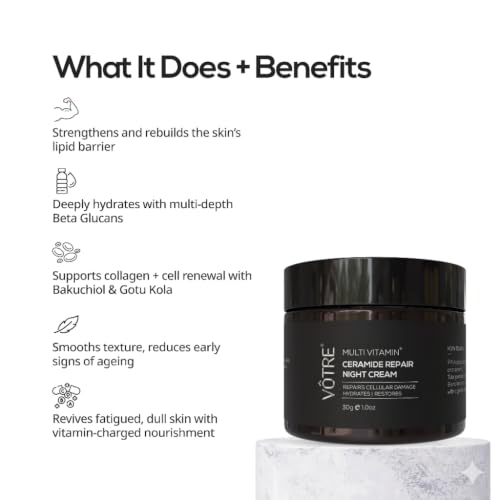 Image of VOTRE Multi Vitamin Ceramide Repair Night Cream | Ceramide Complex, Bakuchiol & Beta Glucans | For Barrier Restoration, Skin Recovery & Deep Nourishment | For Men & Women | 30g