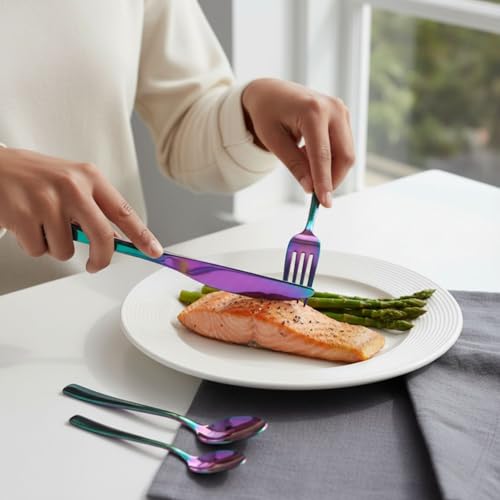Image of 12 Pcs Rainbow Mirror Polish Stainless Steel Cutlery Set for Dining Table with Spoons and Forks Set + Butterknives - The Perfect Tableware /Flatware