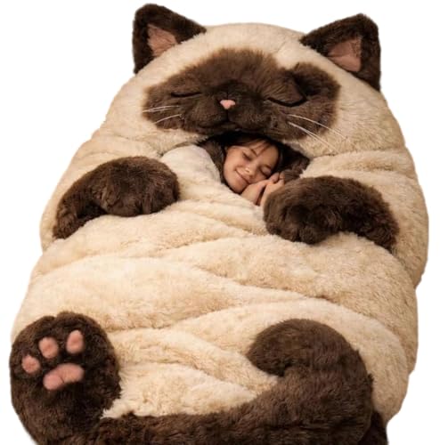 Bolsa de dormir para adultos con forma de gato gigante de peluche, suave, cálida y cómoda para camping y viajes