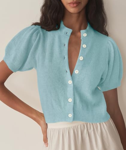 Image of Womens Puff Short Sleeve Cardigan Sweaters Cropped Button up Lightweight Y2k Knit Summer Cardigans