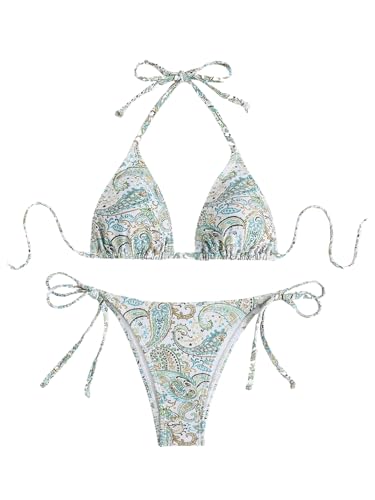Verdusa Women's 2 Piece Paisley String Halter Bikini Set Self Tie High Cut Swimsuit