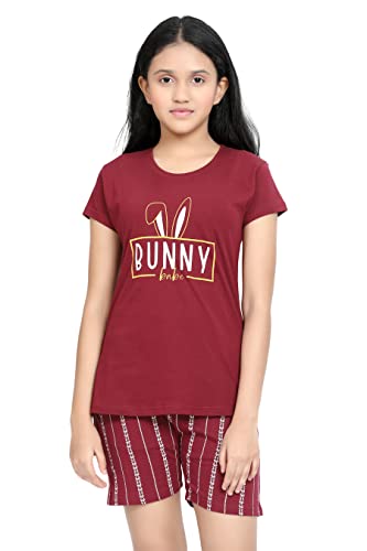 Image of Kids Night Suit for Girls - Cotton Set of Pyjama & T-Shirt Sleepwear - Lightweight & Comfortable Night Wear for Kids