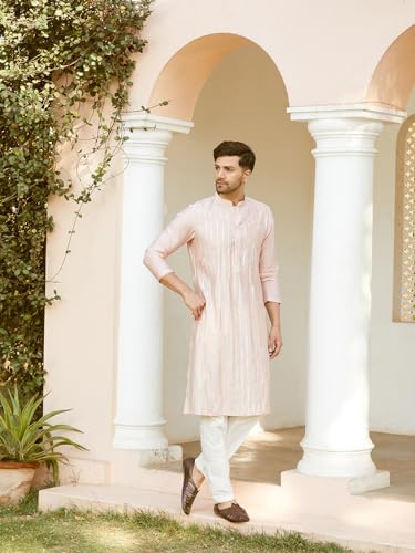Image of See Designs Men Full Sleeve Chanderi Silk Sequins Mandarin Collar Side Slit Kurta
