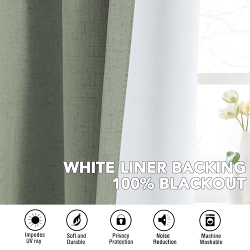 Image of H.VERSAILTEX Linen Curtains 100% Blackout Curtains for Bedroom 108 inch Long Full Light Blocking Nature Linen Blended Window Curtains for Living Room Nickel Grommet (2 Panels, Heathered Dried Sage)