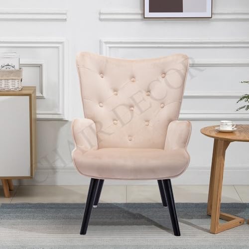 Image of Velvet Wingback Accent Chair for Living Room | Luxury High Back Tufted Armchair with Glossy Metal Legs | Modern Velvet Upholstered Lounge Chair for Home & Office | 1 Pc (Baby Pink)