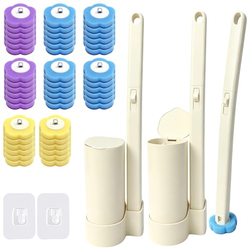 TZEKING Set Escobillas de Baño Desechable 54 Piezas, 2 Cepillos WC con Mango Largo y Sistema a Clic, 2 Soportes de Pared con Adhesivo, 48 Rellenos Detergentes en Esponja para Inodoro, Lavabo y Bañera