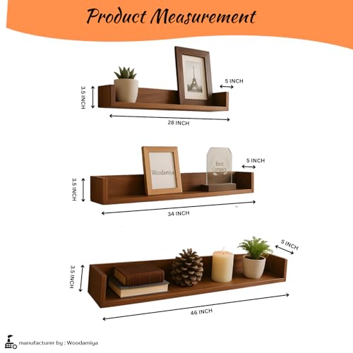 Image of Solid Wood 3-Tier Wall Shelf |Floating Wooden Display Rack for Living Room, Bedroom, Office & Hallway | Modern Minimal Wall Decor l Size - (28 /34 /46 x 5 x 3.5) Natural Finish