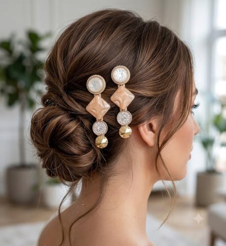 Image of 4-Piece Cute Accessory Combo Pack for Women: Matte Flower Hair Claw Clip, Gingham Scrunchie, Pearl Hair clip, Clear Beaded Charm Bracelet