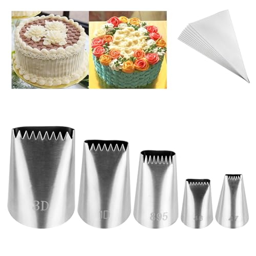 Kasmoire 5Pcs Basketweave Piping Tip Set,Stainless Steel Half Row Braided Flower Mouth Nozzles with 10Pcs Disposable Piping Bags,Braided Decorating Tube Nozzle Tips Set