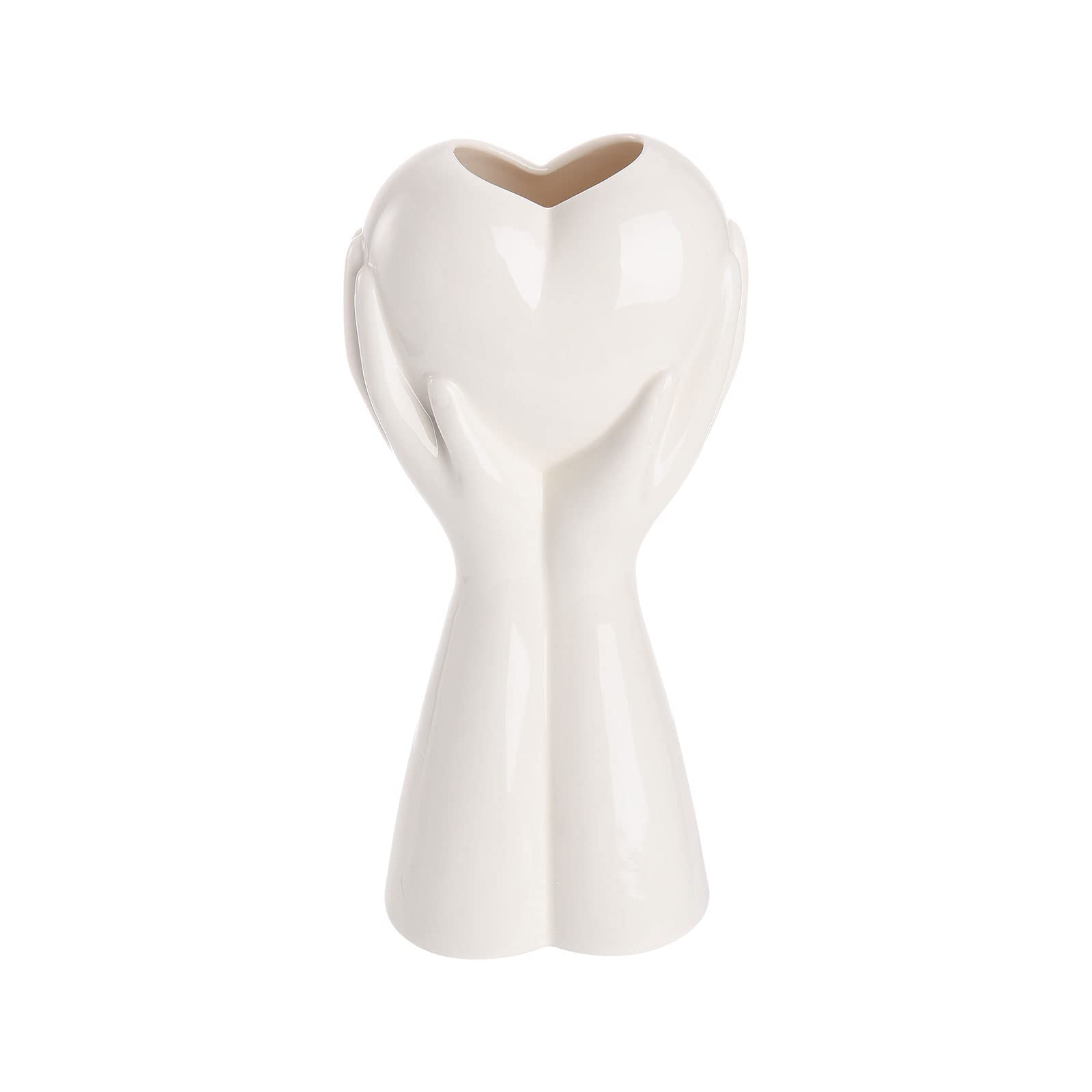 RNCOZE 9 Inch White Ceramic Vase, Hand Holding Heart Shaped Flower Vase for Centerpieces Flower Arrangement, Modern Art Flower Vase for Home Decor