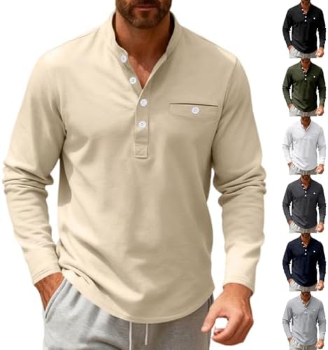 Henley Shirts for Men Regular Fit Comfy Button Long Sleeve Tops Trendy Stylish Fashion Clothing with Pocket Front