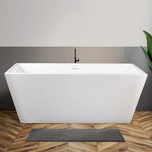 FerdY Palawan 59" Acrylic Freestanding Bathtub, Rectangle Contemporary Design Freestanding Soaking Bathtub, cUPC Certified, Brushed Nickel Drain and Minimalist Linear Design Overflow Included