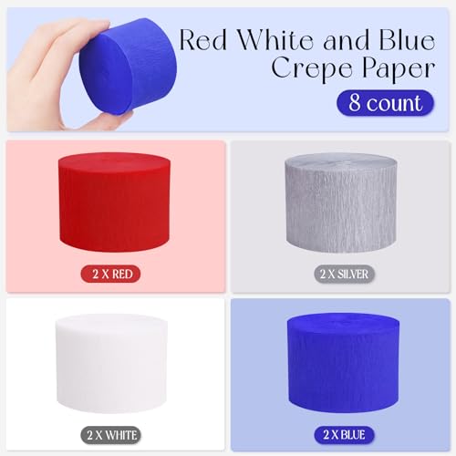 Image of Red White and Blue Decorations, 8 Rolls Streamers Party Decorations Crepe Paper Streamers for 4th of July, Patriotic Decorations, Memorial Day, Birthday Party Decor