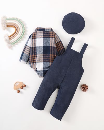 Renotemy Baby Boy Clothes Flannel Plaid Bodysuit+Corduroy Overalls+Beret Hat 3Pcs Fall Winter Outfits for 3-24 Months Boys4