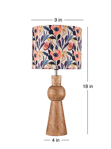 Image of Green Girgit Wooden Skirt Lamp with Multicolor Pink Flowers Shade