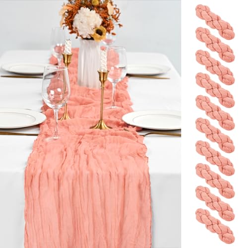 10 Pack Coral Table Runner 10Ft Cheesecloth Table Runner Boho Gauze Cheese Cloth Table Runners Romantic Long Sheer Fabric Table Runners for Wedding Party Bridal Shower