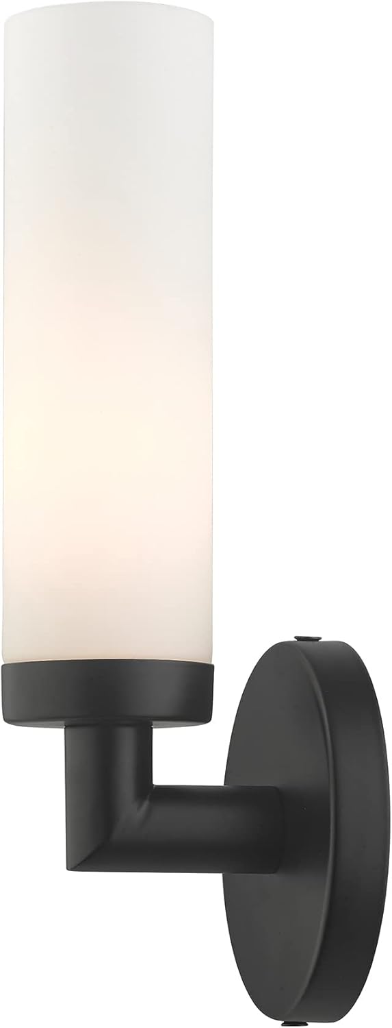 Livex Lighting 10103-04 Aero Collection ADA 1-Light Wall Sconce Light with Satin Opal White Glass Cylinder Shade, Black, 4.25 x 11