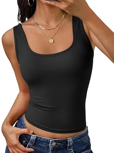 Cuptacc Tank Top Damen Eckiger Ausschnitt Ärmellose Top Damen Breite Träger Doppellagige Slim Fit Basic Oberteil