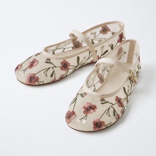 MRKEWUNEY Mesh Ballet Flats for Women Embroidered Floral Round Toe Mary Jane Flats2