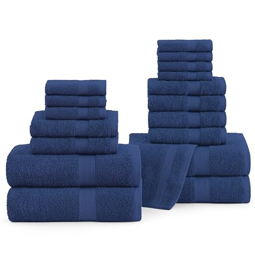 Image of LANE LINEN Cotton Bath Towel Set - 18 Piece - Low Twist, Soft & High Absorbency - 4 Bath, 8 Wash Cloth, 6 Hand Towels - Classic Hotel Quality, Durable & Ideal for Modern Bathrooms - Navy Blue