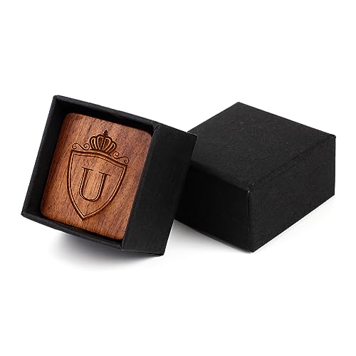 Image of Mens Initial Silver Cufflinks A-Z Alphabet Letter Steel Cuff Links with Engraved Walnut Wood Box Groom Groomsman Wedding Set
