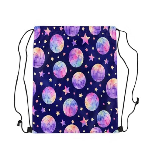 Castle Fairy Volleyball Drawstring Backpack,Star Sports Lovers Team Foldable Waterproof Drawstring Bags,Ball Games Fashion Dreamy Gym String Bag Back Bag,13"X16",Purple Pink