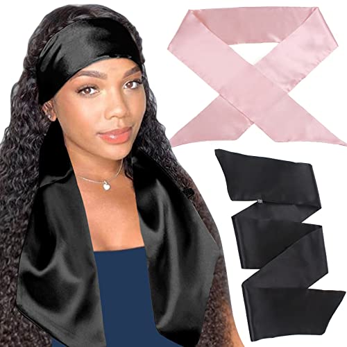 XTREND Women's Satin Edge Scarf for Lace Frontal Wigs - 58 Inch Silk Scarf for Hair Wrap and Edges, Non-Slip Grip Band (Black & Pale Pink)