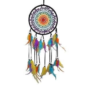 Colorful Dream Catchers, Handmade Feather Native American Circular Net for Kids Boys Girls Bedroom Wall Hanging Decoration Decor Nursery Wall Art Ornament Craft (DC02 Black Rainbow Crochet)
