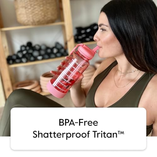 Image of Takeya Motivational Water Bottle with Straw Lid and Time Marker (32 oz, Breezy Blue) - Leakproof, BPA Free Water Bottle for Daily Intake Tracking