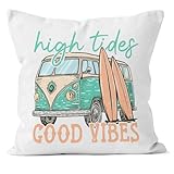 QGFM Summer Beach Pillow Covers 18x18, Beach Room Decor, Surf Room Decor, Coastal Outdoor Pillow Covers, High Tides Good Vibes Decorative Pillow Covers, Nautical Outdoor Pillow Cover