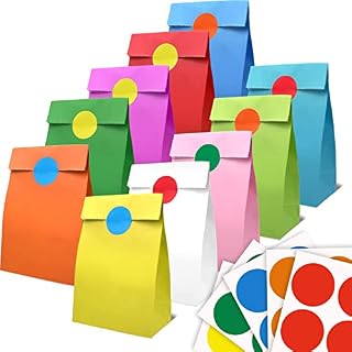 InJolly 20pcs Multi Color Paper Party Bags with 20pcs Stickers, Small Sweet and Gift Bags for Halloween, Christmas, Birthday, Wedding Parties (13x8x24cm)