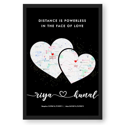Image of Ritwika's Personalized Picture Frame With Long Distance Map Black - Customize With Your Name, Message And Place | For Couples and Friends | In Two Size 9.5 x 13.5 & 13.5 x 19.5 Inch, Set of 1