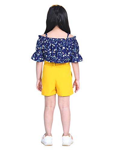 Image of Naughty Ninos Girls Navy Blue Floral Printed Top with Yellow Shorts