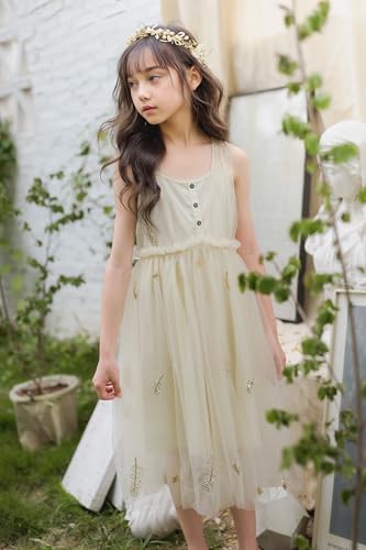 New 4-11Years Girls Beige Tulle Cami Dress Sparkle Feather Cotton Lined Party Dress3