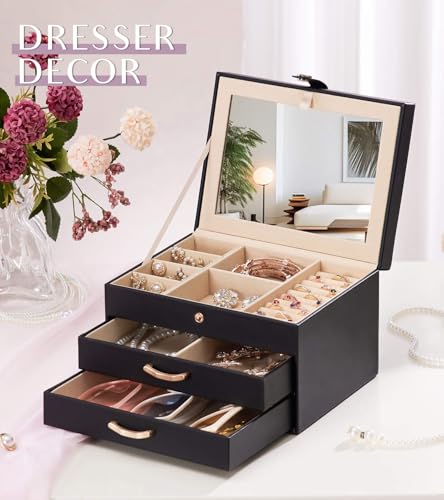 Enthralite Black Jewelry Box Organizer: Home Decor for Women - 2-Drawer Holder for Valentine’s Day Birthday Christmas Black Grey-Purple