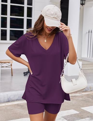 Image of Ekouaer Womens Pajamas 2 Piece Lounge Sets Oversized V Neck T-Shirts Tops Biker Shorts Set Workout Reversible Tracksuit S-XXL