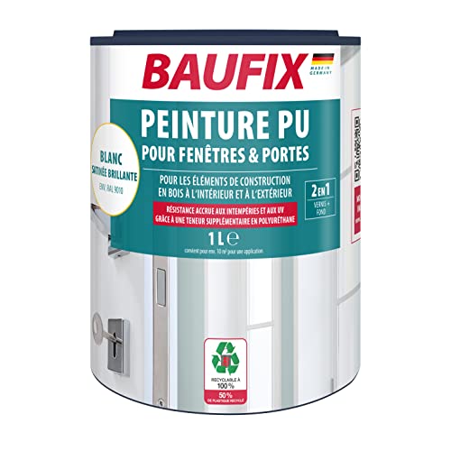 BAUFIX Peinture pour fenêtres & portes PU blanc, satinée brillante, 1 litres, Peinture Blanche, Peinture PU élastique. Longue tenue, ne s'écaille pas