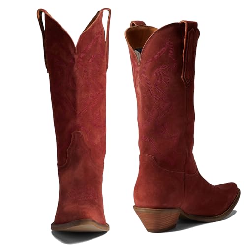 Image of LEHOOR Cowboy Boots Women Embroidered Mid Calf Western Boots Stacked Low Heel Pointed Toe Pull On Cowgirl Boot 4-11 M US