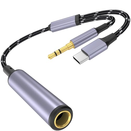 USB Type C to 1/4 Headphone Adapter, USB C&3.5MM to 6.35mm TRS Audio Cable Stereo Jack Audio AUX Adapter Compatible with Amplifiers, Mixer, Home Theater, Smartphones, Laptop, 6.35mm Headphones 1FT