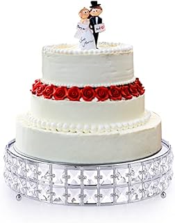 SUMNACON Metal Cake Display Stand Pedestal with Mirror Top Plate, Decorative Cupcake Stand Dessert Stand with Square Crystal Beads, 30CM Cake Stand for Birthday Party, Wedding, Anniversary (Silver)
