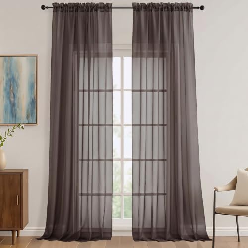 Image of Sheer Chocolate Curtains 108 Inches Long 2 Panels Set, 59 Inch Extra Wide Lightweight Airy Chocolate Sheer Curtain for Living Room Bedroom, Filmy Voile Rod Pocket, 59Wx108L Inches