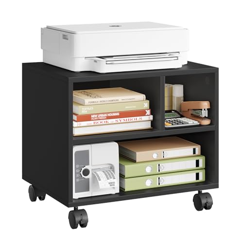 WOLTU Druckertisch mit Rädern, mobiler Druckerständer, Druckerhalter, Druckerwagen auf Rollen, Bürocontainer rollbar, Aktenwagen, mit 3 Fächern, für Büro Arbeitszimmer, 40x35x30 cm, schwarz, ASK06sz