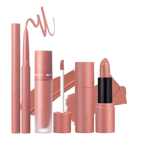 Image of Matte Lip Liner Lip Stick Lip Oil Set, Lip Makeup Set Natural Smooth Long-Lasting And Hydrating Beauty Daily Cosmetics Gift for Girls Easy-to-Use(#02)